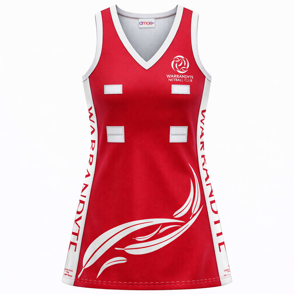 A red Dresses item with white trim features the Warrandyte Netball Club logo, "WARRANDYTE" vertically on the side, and a white stylized bird graphic at the bottom front.