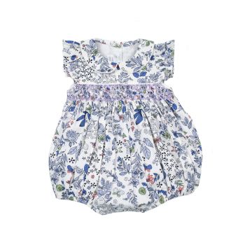 Anna Smocked Bubble Romper, Blue Multi