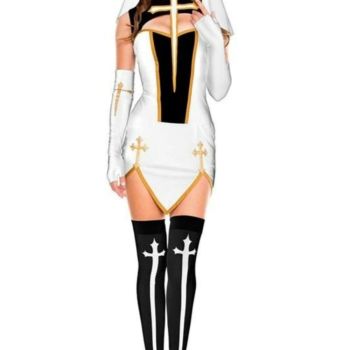 Make Him Confess Sexy Nun Cosplay Costume Dress - White, S - 3XL