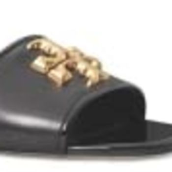 Women's Black Leather Gold Logo Eleanor Slides Flats Shoes (6.5
