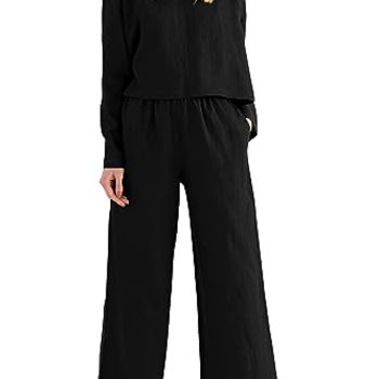 Women's 2024 Fall 2 Piece Outfit Tracksuits Casual Linen Long Sleeve Tops And Wide Leg Pants Lounge Sets (Black,Medium)