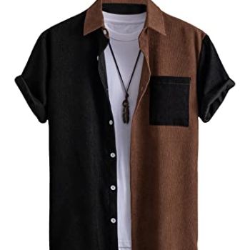 Men's Casual Button Up Shirt Pocket Short Sleeve Colorblock Collar Blouse Tops Z Black and Brown Large