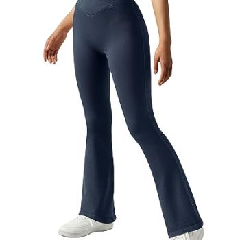 Women Crossover Ribbed Seamless Tummy Control Flare Leggings High Waisted Workout Yoga Pants (Navy Blue,S)