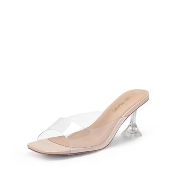 Women’s Clear Heels Square Toe High Stiletto Mules Slip on Wedding Dress Heel Sandals,Size 11,Nude Clear-low,DHS215-1