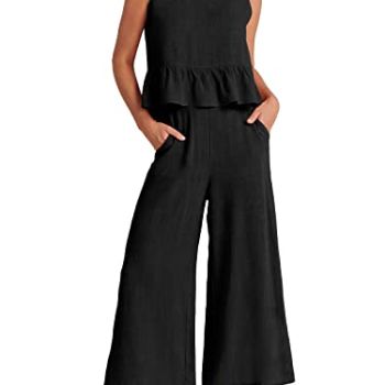 Two Piece Outfits for Women Summer Vacation Beach Sleeveless Linen Crop Tank Top Casual Matching Lounge Sets Comfy Tracksuits Long Pants Jumpsuits 2024 Trendy Clothes 817heise-L