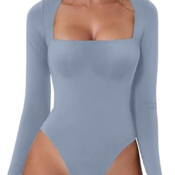 Women's Sexy Bodysuit Square Neck Long Sleeve Bodycon Shirt Tops County Blue XS
