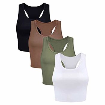 Women's 4 Piece Tank Tops Strappy Sleeveless Square Neck Stretch Tee Shirts Sports Cropped Workout Running Camisole