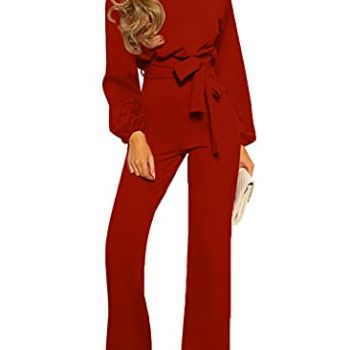 Women Casual Loose Long Sleeve Belted Wide Leg Pant Romper Jumpsuits Medium Red