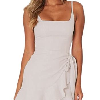 Women's Dress Spaghetti Strap Waist Tie Knot Wrap Front Ruffle Hem Short Dress