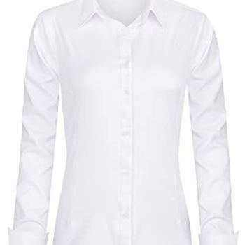 Womens Dress Shirts Long Sleeve Button Down Shirts Wrinkle-Free Stretch Regular Fit Solid Work Blouse White Large