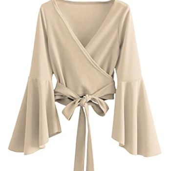Women's Long Sleeve V Neck Tie Knot Bandage Wrap Blouse Crop Top Solid Beige XL