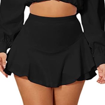 Mini Skirt for Women Sexy Solid Ruffle Trim Lingerie Skirt Short High Waist Two Layer Hem Skirt(Black,L)