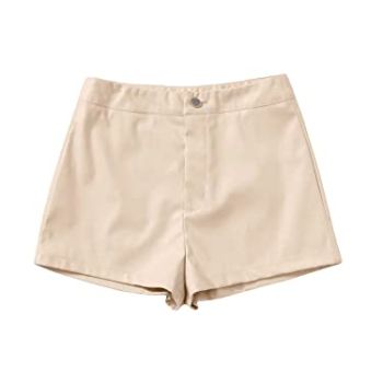 Women's PU Leather High Waisted Straight Leg Skinny Shorts Beige M
