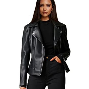 Womens Faux Leather Motorcycle Jackets Classical Black PU Slim Short Biker Coats