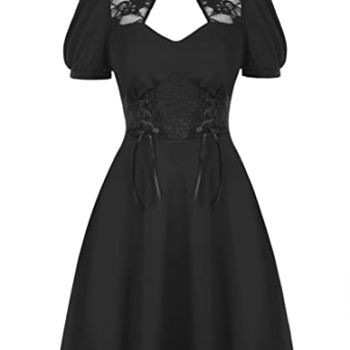 Little Black Dress for Women Skater Dress Summer Flowy Vintage Dress Short Sleeve Black Gothic Dress Black S