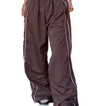 Womens Parachute Pants Wide Leg Baggy Pants Y2K Elastic Waist Jogger Sweatpants Track Pants Streetwear(0046-Coffee-S)