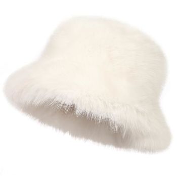Women's Faux Fur Bucket Hats Fluffy Winter Warm Ladie's Unique Wide Brim Fisherman Cap(White)