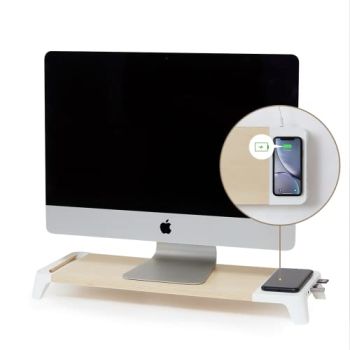 E8 Wood Desk Monitor Computer Stand Riser Shelf + USB HUB + Qi Fast Wireless Charging Charger Pad Mat for Laptop