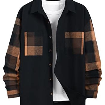 Men's Plaid Long Sleeve Button Down Shirt Pocket Front Casual Shirts Black M