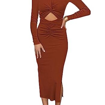 Sexy Cutout Long Sleeve Midi Dress for Women Party Club Evening Out Crewneck Empire Waist Stretchy Ribbed Fitted Formal Dress Burnt Orange L