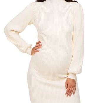 Maternity Dress for Baby Shower Womens Knit Long Puff Sleeve Sweater Slim Fit Bodycon Wedding Guest Dress Photoshoot Outfits White XXL