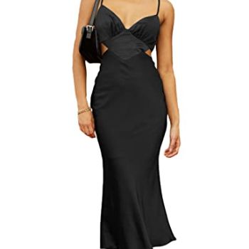 Women Satin Cutout Slip Backless Maxi Dress V Neck Spaghetti Strap Bust Ruched Back Tie Strap Midi Dress for Wedding Guest Black