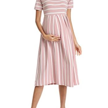 Women’s Casual Striped Maternity Dress Short&3/4 Sleeve Knee Length Pregnancy Clothes for Baby Shower