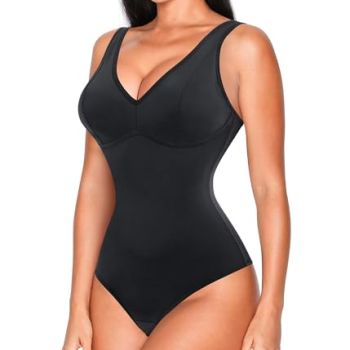 Women Waist Trainer Shapewear Slim Body Shaper Deep V Neck Thong Bodysuit Tummy Control Jumpsuit Tops (L