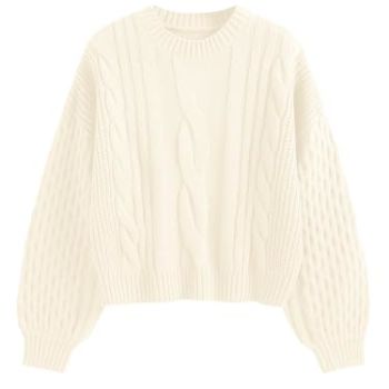 Women's Solid Knit Cable Sweater Casual Long Lantern Sleeve Pullover Crew Neck Knitted Tops