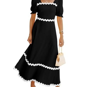 Women Maxi Dress Square Neck Short Sleeve Smocked Tie Back Spring Summer Formal Dresses for Women Wedding Guest(Solid Black