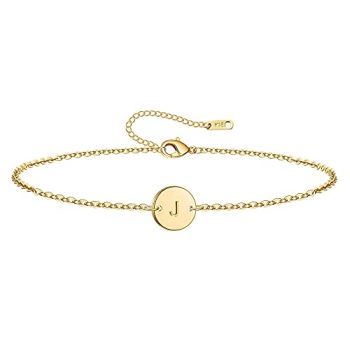 Initial Charm Bracelet for Women 18K Gold Plated stainless steel Coin Disc Engraved Letter J Bracelet Personalized Monogram Name Bracelet for Girls