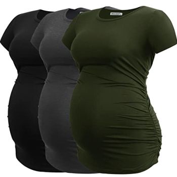 Women's Maternity Tops Side Ruched Tunic T-Shirt Pregnancy Clothes Medium Army Green-Black-Deep Grey