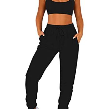 Womens Yoga 2 Pieces Workout Outfits Crop Top High Waist Jogging Pant Sports Running Sets Black L