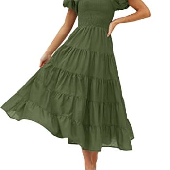 Women's 2024 Summer Square Neck Short Puff Sleeve Solid Color High Waist Casual Smocked Flowy A Line Tiered Midi Dress,ArmyGreen,Large