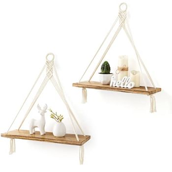 Macrame Hanging Shelves Boho Wall Decor Set of 2 Rustic Wood Floating Storage Shelf for Bedroom Bathroom Living Room Nursery Dorm Room