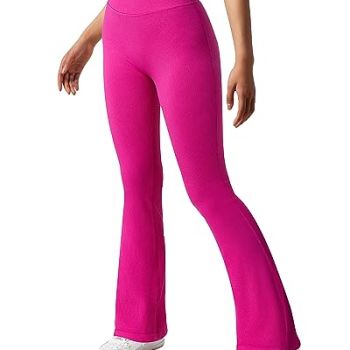 Women Ribbed Seamless Tummy Control Flare Leggings Bootcut High Waist Workout Yoga Pants 29'' (Hot Pink,S)