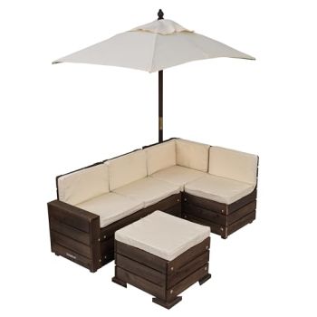 Wooden Outdoor Sectional Ottoman & Umbrella Set