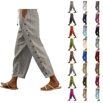 Cropped Palazzo Pants for Women Casual Summer Elastic Waist Loose Fit Cotton Linen Capris Cropped Pants