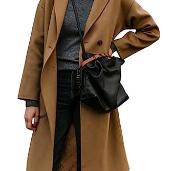 Womens Lapel Peacoat Winter Double-Breasted Outerwear Mid Long Jacket Casual Trench Coat