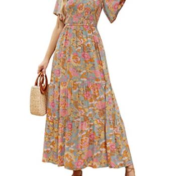 Women's 2024 Summer Casual Floral Print Short Flutter Sleeve Crew Neck Smocked High Waist Flowy Maxi Dress,GreyGreen,Medium