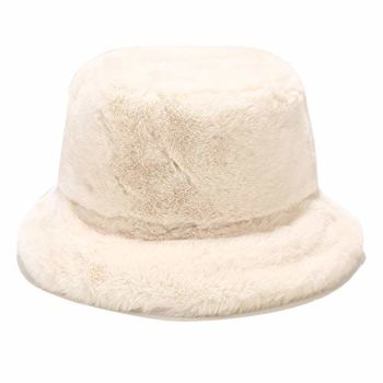 Winter Faux Fur Bucket Hat Fluffy Warm Hat for Women Men (Beige)