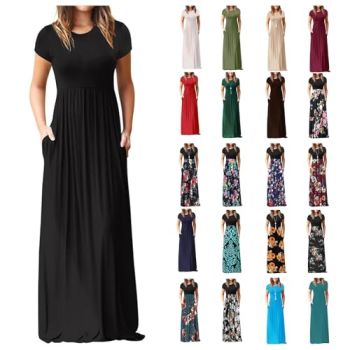 Maxi Dress for Women Elegant Short Sleeve Empire Waist Long Dress Loose Plain/Floral Printed Casual Dress