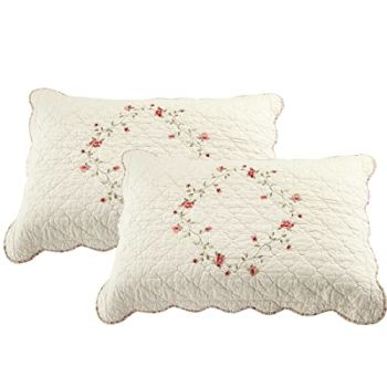 2-Piece Elegant Floral Embroidered Pillow Shams Queen Size 100% Cotton Quilted Decorative Pillow Shams Set (Cream,20"x28")