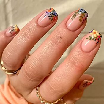 Square Press on Nails Short Fake Nails Spring Flower Leaf Design False Nails Pink Glossy Acrylic Full Cover Nails