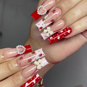 24PCS Valentine's Day Long Sweet Press on Nails Square Fake Nails Pink French Tips False Nails with Heart Pearl Strawberry Designs Bow Tie Charm Glue on Nails Glossy Cute Stick on Nails for Women Girl