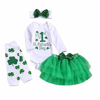 Newborn Baby Girls My 1st St.Patrick's Day Outfit Shamrock Rompers+ Tutu Tulle Skirt + Headband Outfits Set (Green