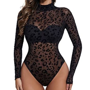 Sheer Lingerie for Women See Through Bodycon Bodysuit One Piece Turtle Neck Outfits Sheer Mesh Leopard