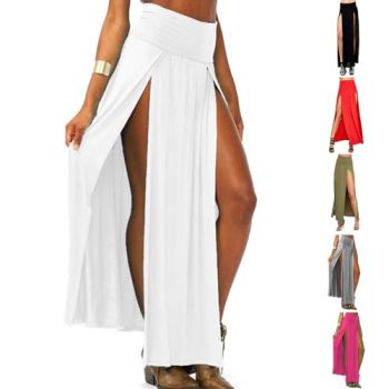 Women's Maxi Skirt Sexy High Waisted Double Slits Open Long Dress Flowy Beach Swimsuit Cover Up Bikini Skirt A White
