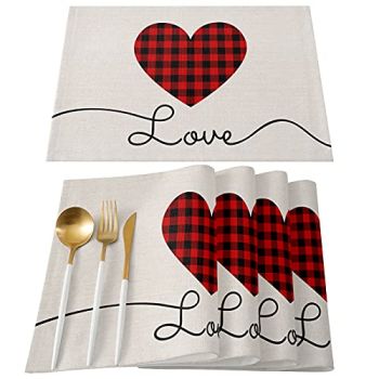 Valentines Placemats Set of 6 Love Heart Placemats Black Red Buffalo Check Plaid Table Mats Heat Resistant Non-Slip Washable Placemats Valentines Day Table Decorations for Wedding Anniversary Party