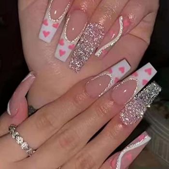 24 Pcs Valentines Press on Nails Long Heart Fake Nails Glossy Glue on Nails